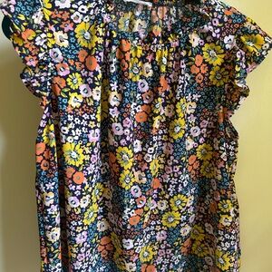 Yellow, orange and Blue Flutter Sleeve Ruffled Blouse